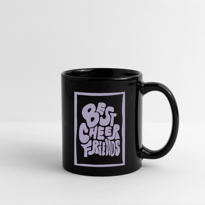 Best Cheer Friends Mug in black with lavender print standing on a white background.