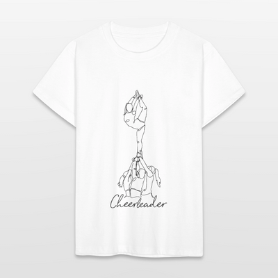 weißes Junior T-Shirt in One-line Illustration. Man sieht auf dem Motiv einen Grouptung Scorpion und die Aufschrift Cheerleader.