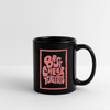 Best Cheer Friends Mug in black with rose print standing on a white background.