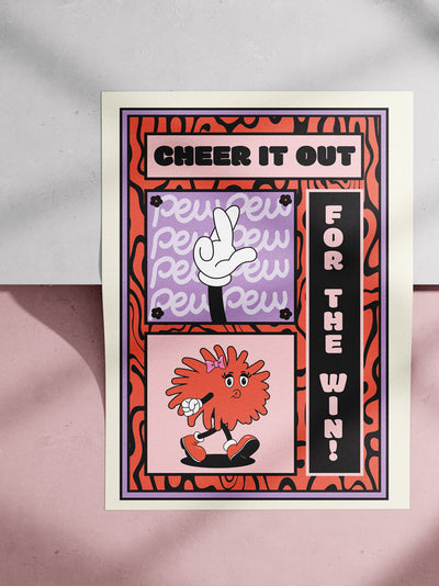 Poster liegt auf einer Kante. Es handelt sich um einen Betonboden mit Stufe. Im Bild sieht man moody Schatten. Auf dem Poster ist das Motiv: Cheer it out for the win! Auf dem Poster ist ein Muster und ein Layout im Comiclook. Man sieht eine Hand die, die Finger kreuzt und eine Pompomfigur mit Beinen, Armen und einer Haarschleife.