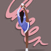Postermotiv Cheer. Eine weiblich gelesene Person zieht einen Bow-Stretch. Das Wort Cheer ist in rosa zu sehen. Der Hintergrund ist graubraun. Die Figur trägt eine Blaue Cheerleading-Uniform, hat dunkle lange Haare, eine pinke Schleife auf dem Kopf und dunkle Haare. Die Figur ist illustriert.