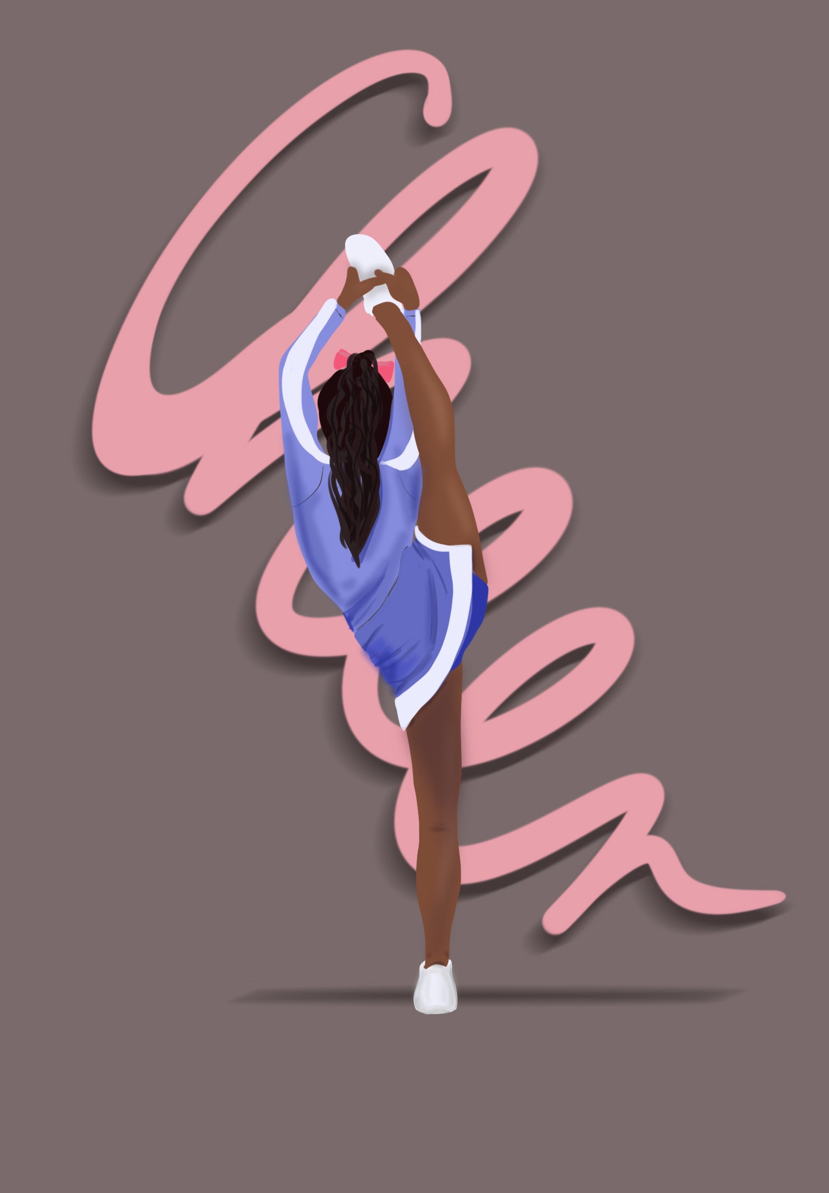 Postermotiv Cheer. Eine weiblich gelesene Person zieht einen Bow-Stretch. Das Wort Cheer ist in rosa zu sehen. Der Hintergrund ist graubraun. Die Figur trägt eine Blaue Cheerleading-Uniform, hat dunkle lange Haare, eine pinke Schleife auf dem Kopf und dunkle Haare. Die Figur ist illustriert.