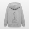 Peewee/Junior Organic Teen Hooded Jacke in heather grey ist hier au weißem Hintergrund zu sehen. Die Jacke hat eine Kapuze und eine One-Line Grafik als Cheerleader Groupstunt. Die Jacke hat einen Backprint. Man sieht sie hier von hinten.