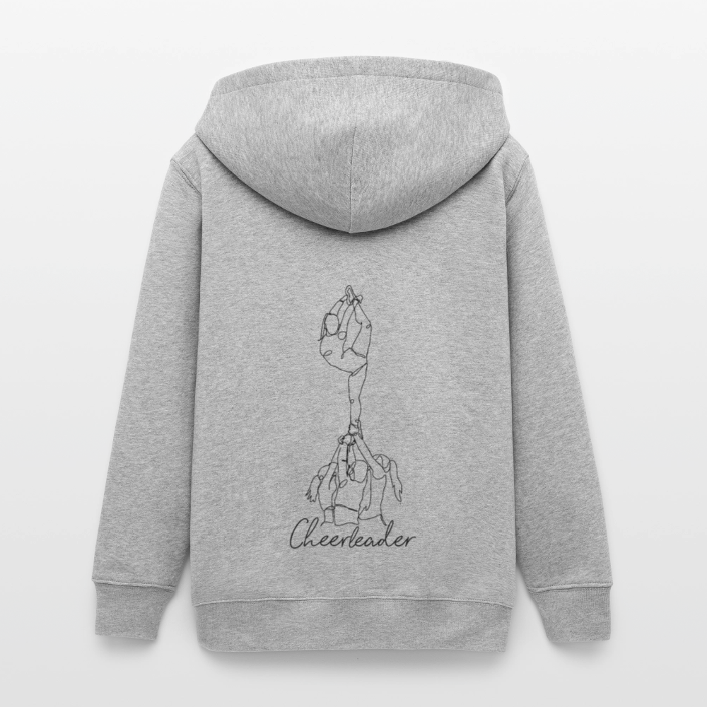 Peewee/Junior Organic Teen Hooded Jacke in heather grey ist hier au weißem Hintergrund zu sehen. Die Jacke hat eine Kapuze und eine One-Line Grafik als Cheerleader Groupstunt. Die Jacke hat einen Backprint. Man sieht sie hier von hinten.