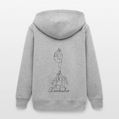 Peewee/Junior Organic Teen Hooded Jacke in heather grey ist hier au weißem Hintergrund zu sehen. Die Jacke hat eine Kapuze und eine One-Line Grafik als Cheerleader Groupstunt. Die Jacke hat einen Backprint. Man sieht sie hier von hinten.