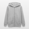 Peewee/Junior Organic Teen Hooded Jacke in heather grey ist hier au weißem Hintergrund zu sehen. Die Jacke hat eine Kapuze Die Jacke hat einen Backprint. Man sieht sie hier von vorn. Man erkennt eine zwei Seitentaschen und einen Zipper.