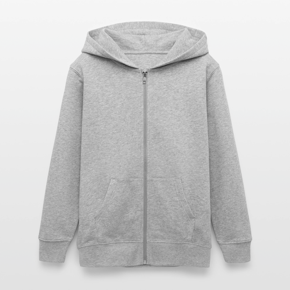 Peewee/Junior Organic Teen Hooded Jacke in heather grey ist hier au weißem Hintergrund zu sehen. Die Jacke hat eine Kapuze Die Jacke hat einen Backprint. Man sieht sie hier von vorn. Man erkennt eine zwei Seitentaschen und einen Zipper.