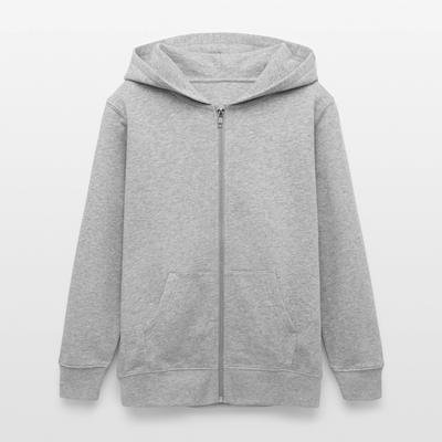 Peewee/Junior Organic Teen Hooded Jacke in heather grey ist hier au weißem Hintergrund zu sehen. Die Jacke hat eine Kapuze Die Jacke hat einen Backprint. Man sieht sie hier von vorn. Man erkennt eine zwei Seitentaschen und einen Zipper.