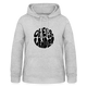 Hoodie mit Kapuze und Kangaroopocket. Die Kapuze hat Schnüre. Der Aufdurck ist: Cheerleader in einem runden Kreis in wobbly Schrift. Der Pullover ist grau.