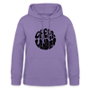 Hoodie mit Kapuze und Kangaroopocket. Die Kapuze hat Schnüre. Der Aufdurck ist: Cheerleader in einem runden Kreis in wobbly Schrift. Der Pullover ist lavendel.