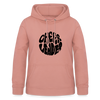 Hoodie mit Kapuze und Kangaroopocket. Die Kapuze hat Schnüre. Der Aufdurck ist: Cheerleader in einem runden Kreis in wobbly Schrift. Der Pullover ist altrosa.