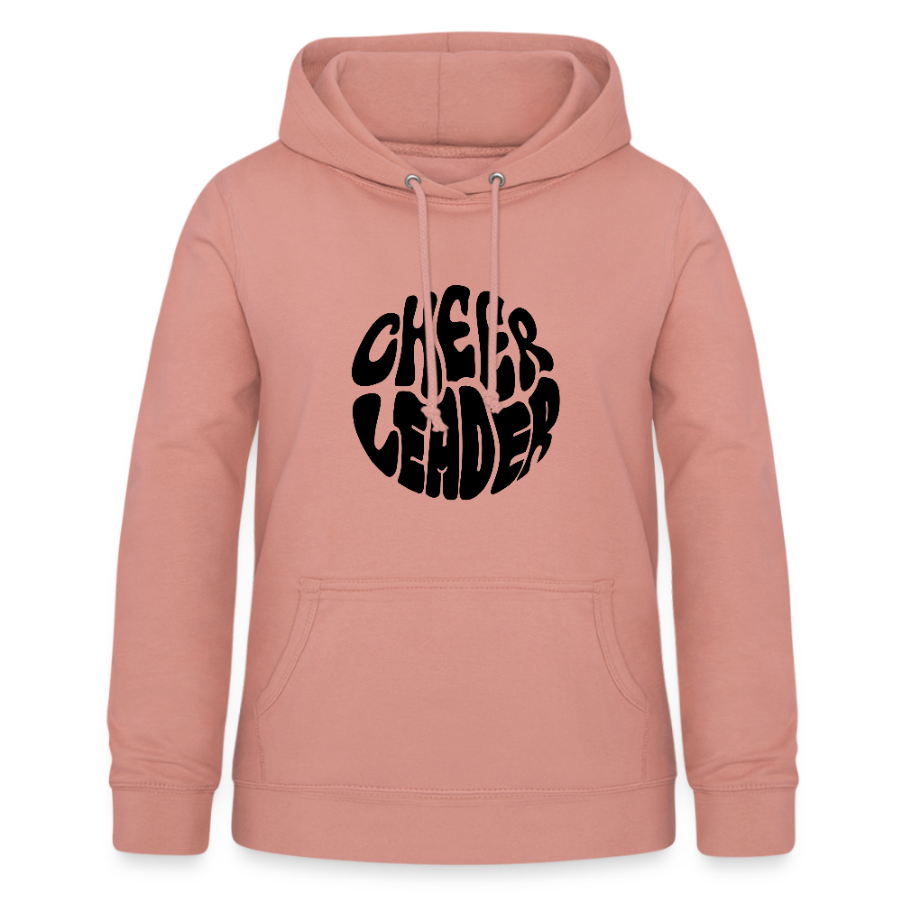 Hoodie mit Kapuze und Kangaroopocket. Die Kapuze hat Schnüre. Der Aufdurck ist: Cheerleader in einem runden Kreis in wobbly Schrift. Der Pullover ist altrosa.