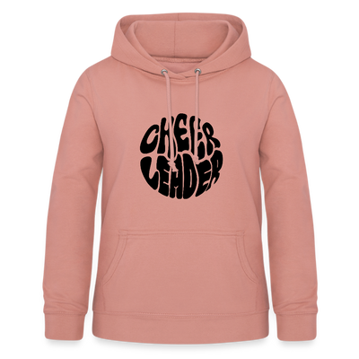 Hoodie mit Kapuze und Kangaroopocket. Die Kapuze hat Schnüre. Der Aufdurck ist: Cheerleader in einem runden Kreis in wobbly Schrift. Der Pullover ist altrosa.