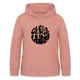 Hoodie mit Kapuze und Kangaroopocket. Die Kapuze hat Schnüre. Der Aufdurck ist: Cheerleader in einem runden Kreis in wobbly Schrift. Der Pullover ist altrosa.