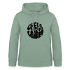 Hoodie mit Kapuze und Kangaroopocket. Die Kapuze hat Schnüre. Der Aufdurck ist: Cheerleader in einem runden Kreis in wobbly Schrift. Der Pullover ist stahlgrün.