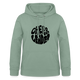 Hoodie mit Kapuze und Kangaroopocket. Die Kapuze hat Schnüre. Der Aufdurck ist: Cheerleader in einem runden Kreis in wobbly Schrift. Der Pullover ist stahlgrün.