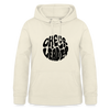 Hoodie mit Kapuze und Kangaroopocket. Die Kapuze hat Schnüre. Der Aufdurck ist: Cheerleader in einem runden Kreis in wobbly Schrift. Der Pullover ist vanille.