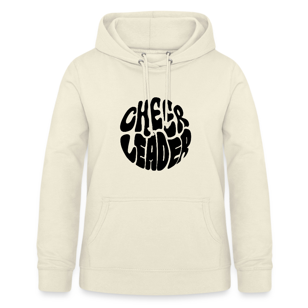 Hoodie mit Kapuze und Kangaroopocket. Die Kapuze hat Schnüre. Der Aufdurck ist: Cheerleader in einem runden Kreis in wobbly Schrift. Der Pullover ist vanille.