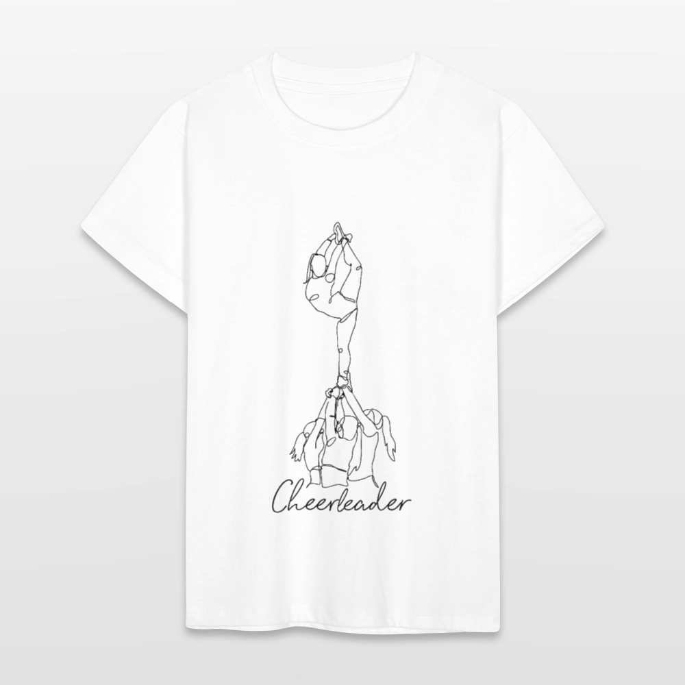 weißes Junior T-Shirt in One-line Illustration. Man sieht auf dem Motiv einen Grouptung Scorpion und die Aufschrift Cheerleader. 