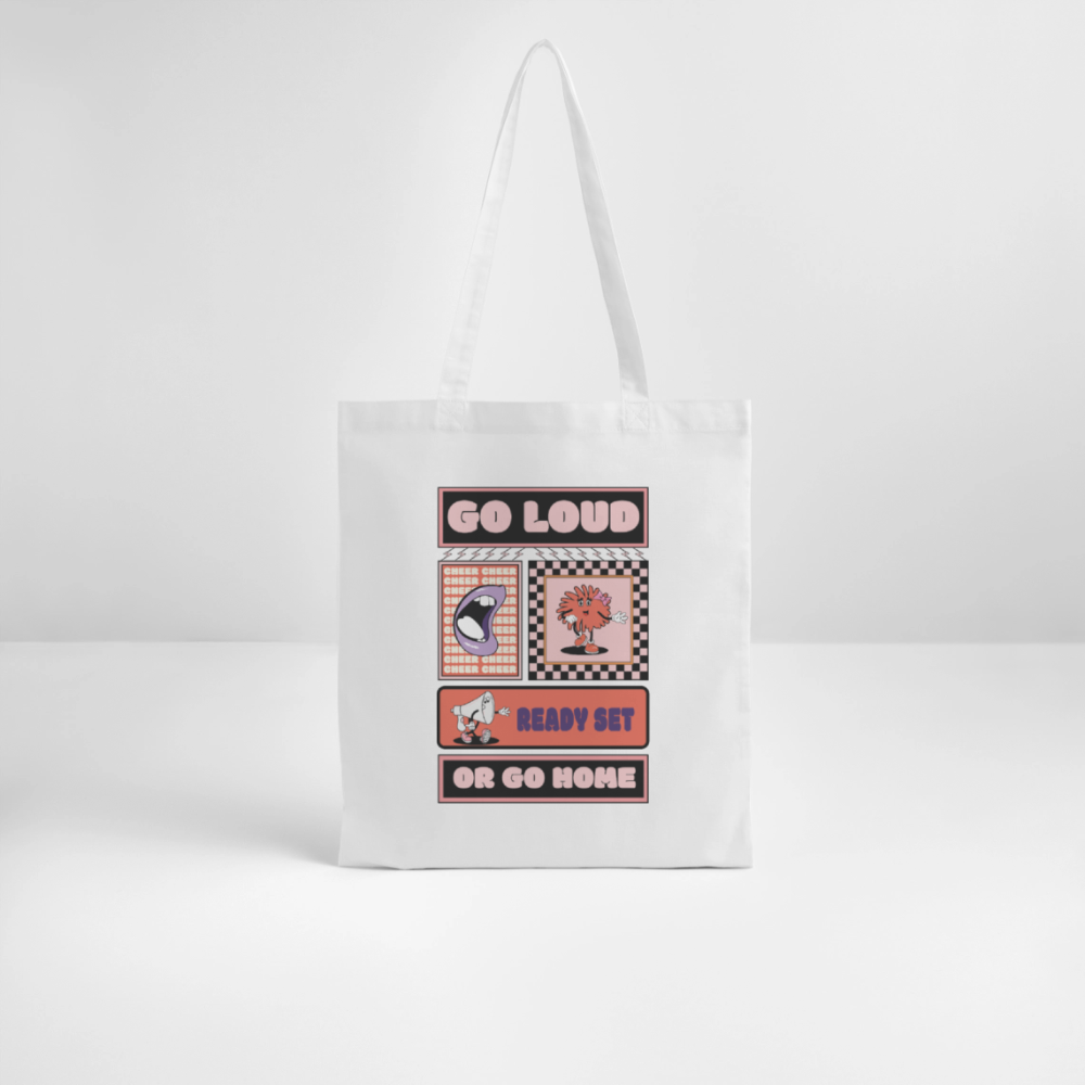 Tote Bag weiß mit dem Motiv go loud or go home in illustrativem Comicstyle und Cheerleadersymbolen wie Pompom und Megaphone. Es steht dort zudem: Go Loud or go Home und Ready Set.