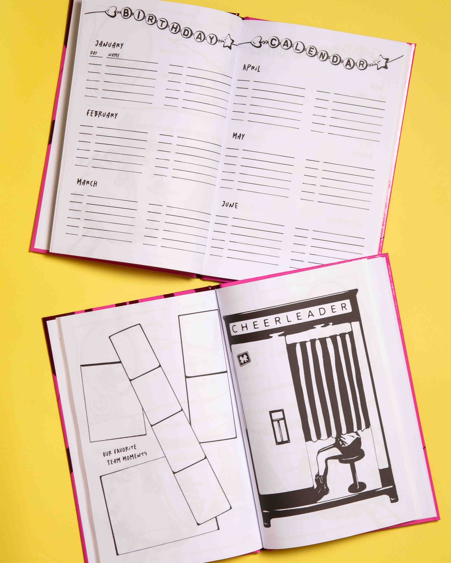 two opened books of: CHEERLEADING FRIENDSHIP BOOK: for Juniors & Seniors.