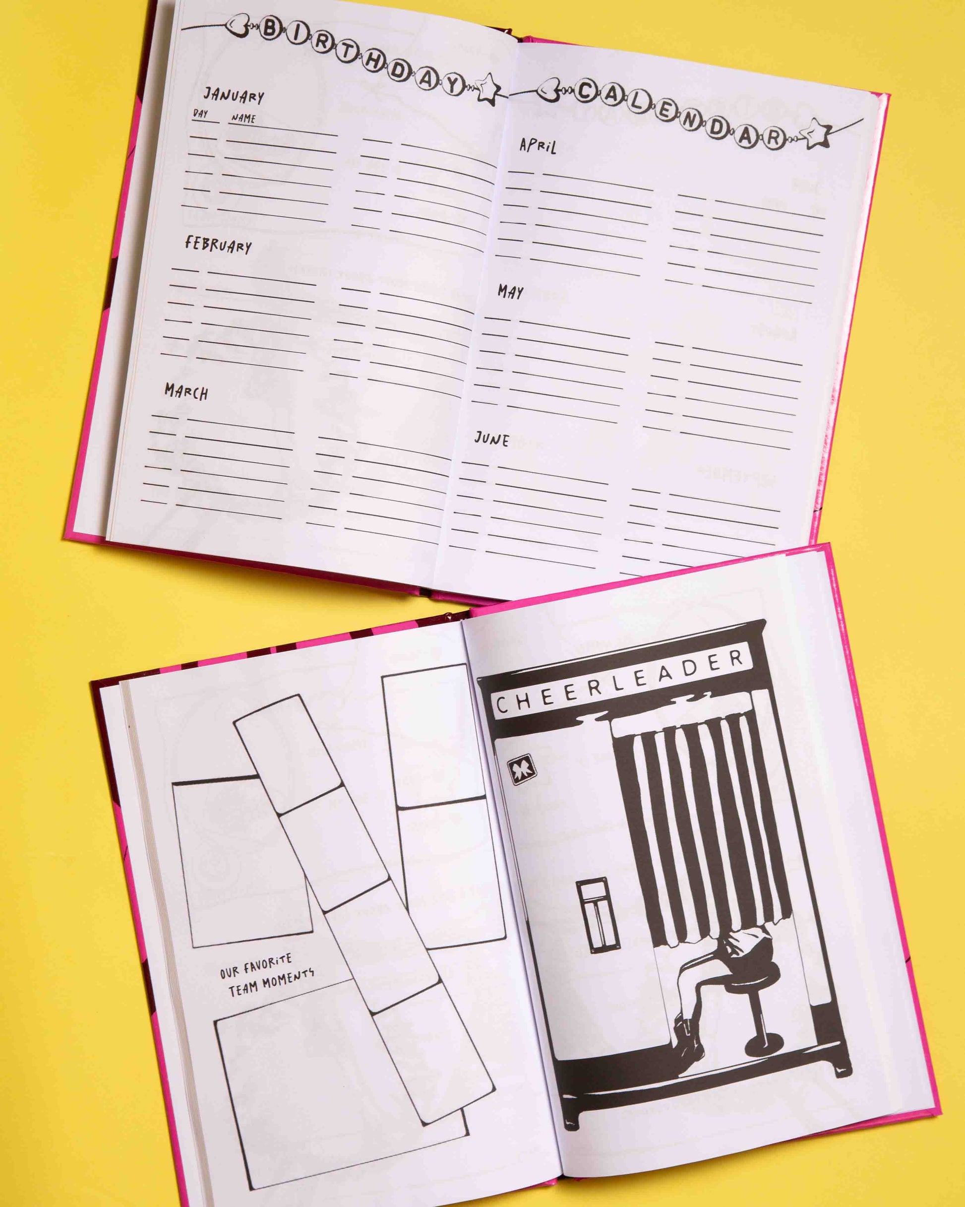 two opened books of: CHEERLEADING FRIENDSHIP BOOK: for Juniors & Seniors.