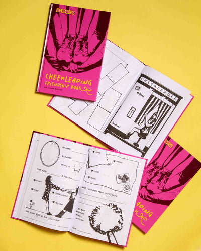 CHEERLEADING FRIENDSHIP BOOK: for Juniors & Seniors on yellow background. Two Books are open and showing the inside design. Two are showing the Cover.