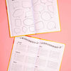 Cheerleading Friendship Book for Peewees. 2 open Books on pink Background. On one you can see speechbubles on the other a birthday calendar.