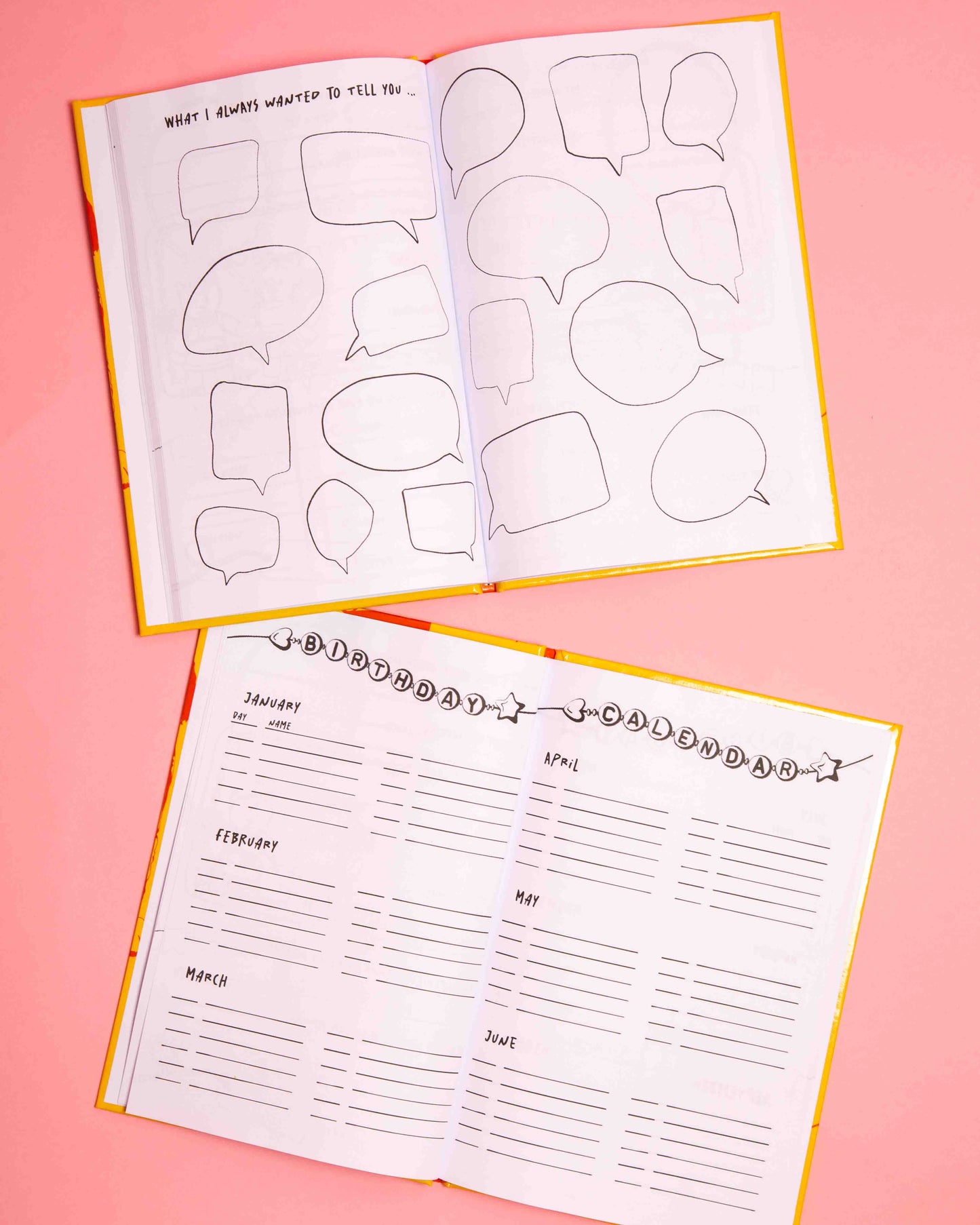 Cheerleading Friendship Book for Peewees. 2 open Books on pink Background. On one you can see speechbubles on the other a birthday calendar.