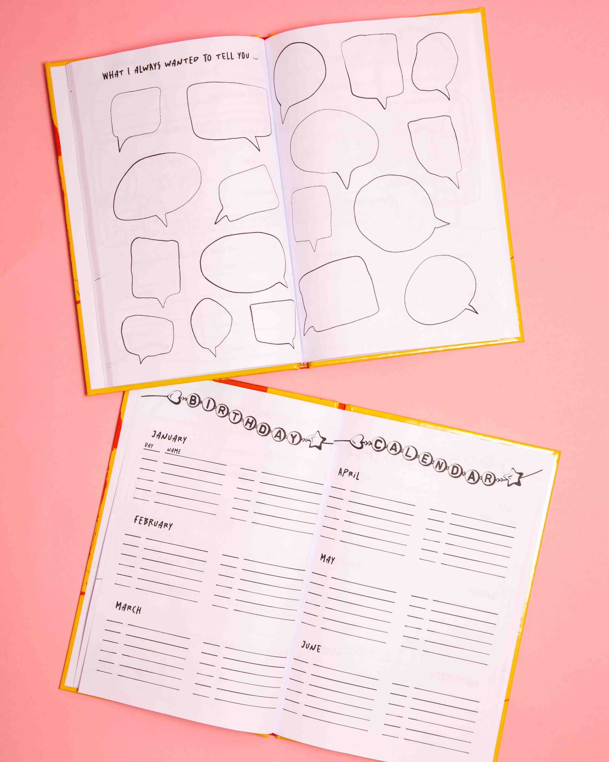 Cheerleading Friendship Book for Peewees. 2 open Books on pink Background. On one you can see speechbubles on the other a birthday calendar.