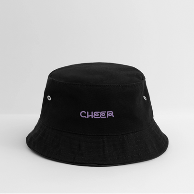 Zu sehen ist ein Bucket Hat in schwarz mit dem Aufdruck:  Cheer auf weißem Hintergrund