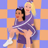 Postermotiv: Cheer Friends. zwei weiblich gelesene Personen zeigen sich Huckepack. Der Hintergrund ist lila hell-orange kariert. Die Figuren tragen eine lila farbene  Cheerleadinguniform. Die eine Figut ist  hellhäutig und blond und die andere dunkelhäutig und schwarzhaarig. Beide tragen eine Lila Schleife auf ihrem Zopf. Die Figuren sind illustriert.