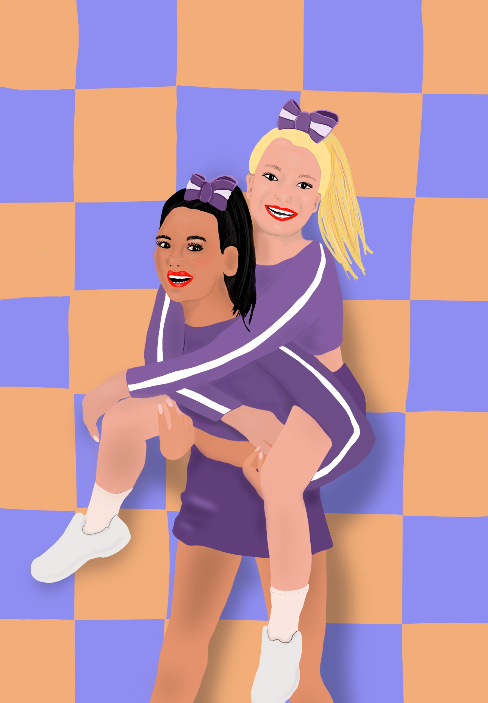 Postermotiv: Cheer Friends. zwei weiblich gelesene Personen zeigen sich Huckepack. Der Hintergrund ist lila hell-orange kariert. Die Figuren tragen eine lila farbene  Cheerleadinguniform. Die eine Figut ist  hellhäutig und blond und die andere dunkelhäutig und schwarzhaarig. Beide tragen eine Lila Schleife auf ihrem Zopf. Die Figuren sind illustriert.