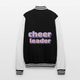 Collegejacke in Schwarz -weiß mit Lila,rosa,weißer pixelart Aufschrift: Cheerleader. Die Bündchen sind alle Schwarz-weiß gestreift. Die Jacke ist auf weißem Hintergrund zu sehen. Man sieht hier die Rückseite.