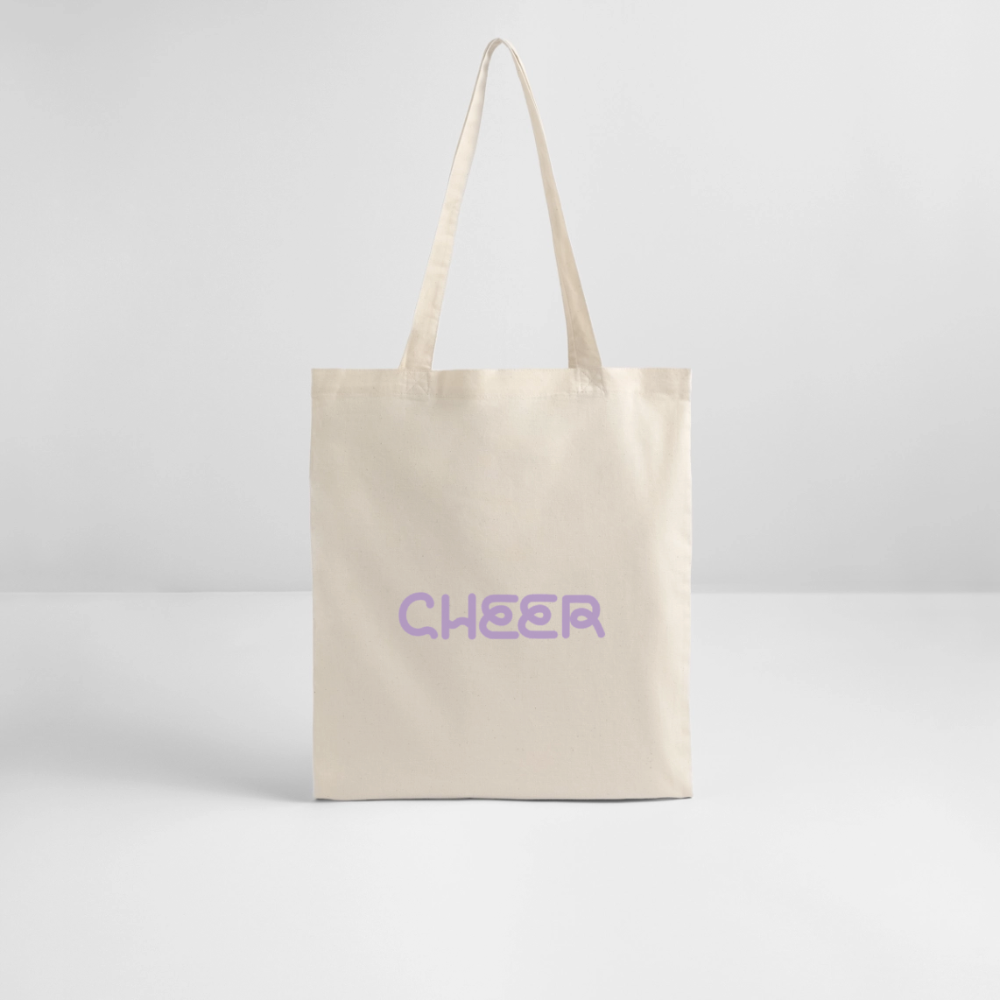 Tote Bag mit dem Aufdruck Cheer in lila in der Farbe natural raw auf weißem Hintergrund.