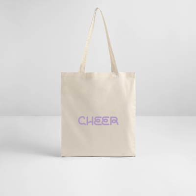 Tote Bag mit dem Aufdruck Cheer in lila in der Farbe natural raw auf weißem Hintergrund.