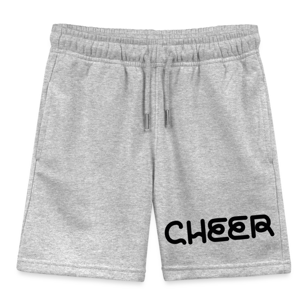 Kinder Jogging Shorts in Organicstoff in der Farbe heather grey ist hier zu sehen. Auf dem Bild rechts auf dem Bein ist der Schriftzug Cheer in schwarz zu sehen. Die Shorts hat einen Tunnelzug mit Kordel.