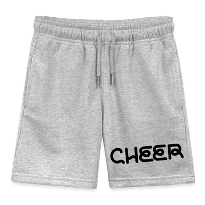 Kinder Jogging Shorts in Organicstoff in der Farbe heather grey ist hier zu sehen. Auf dem Bild rechts auf dem Bein ist der Schriftzug Cheer in schwarz zu sehen. Die Shorts hat einen Tunnelzug mit Kordel.