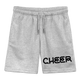 Kinder Jogging Shorts in Organicstoff in der Farbe heather grey ist hier zu sehen. Auf dem Bild rechts auf dem Bein ist der Schriftzug Cheer in schwarz zu sehen. Die Shorts hat einen Tunnelzug mit Kordel.