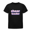 schwarzes Kindershirt mit der Aufschrift Cheerleader in pixelart Schrift in lila,weiß,rosa.