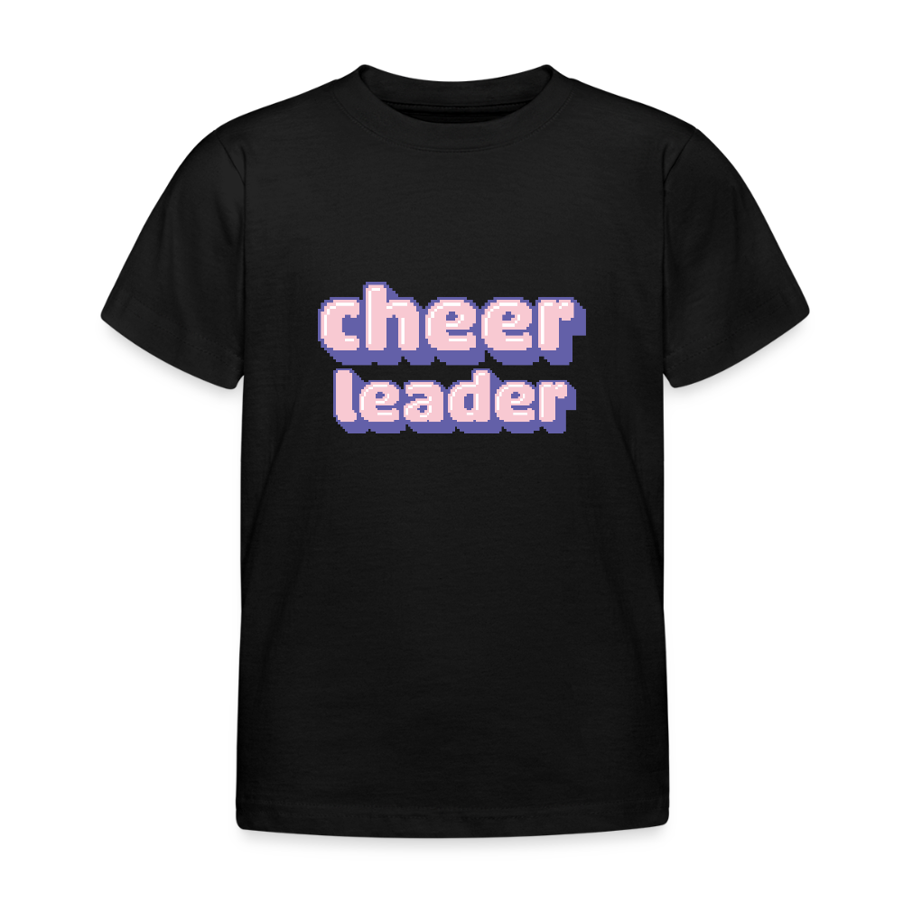 schwarzes Kindershirt mit der Aufschrift Cheerleader in pixelart Schrift in lila,weiß,rosa.