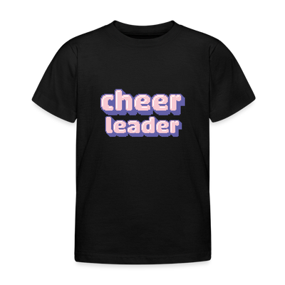 schwarzes Kindershirt mit der Aufschrift Cheerleader in pixelart Schrift in lila,weiß,rosa.