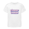 weißes Kindershirt mit der Aufschrift Cheerleader in pixelart Schrift in lila,weiß,rosa.