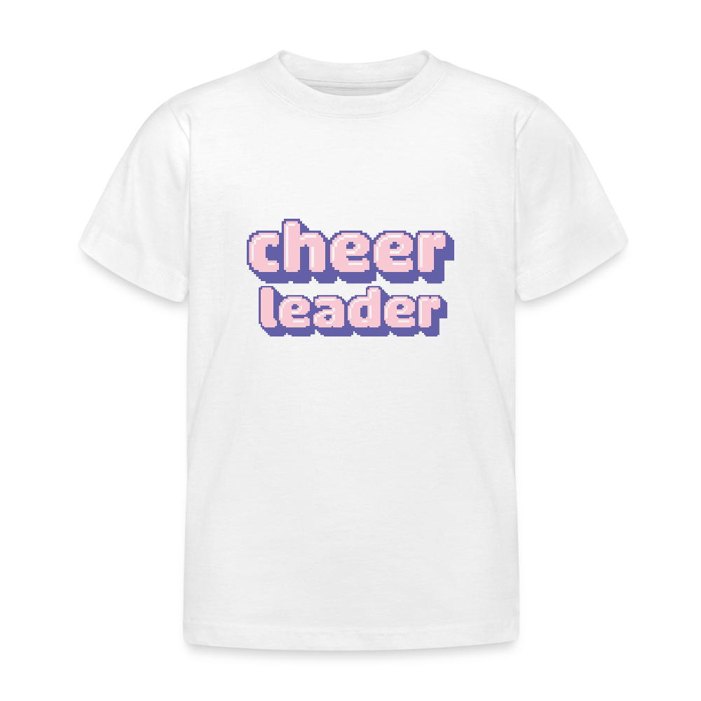 weißes Kindershirt mit der Aufschrift Cheerleader in pixelart Schrift in lila,weiß,rosa.