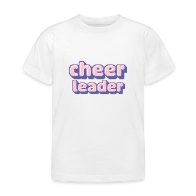 weißes Kindershirt mit der Aufschrift Cheerleader in pixelart Schrift in lila,weiß,rosa.